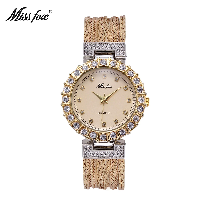 Miss Fox Gold Watch Fashion Brand Rhinestone Water Resistant Steel Mesh Sobretudo Feminino Japan Quartz Movement Women Watches