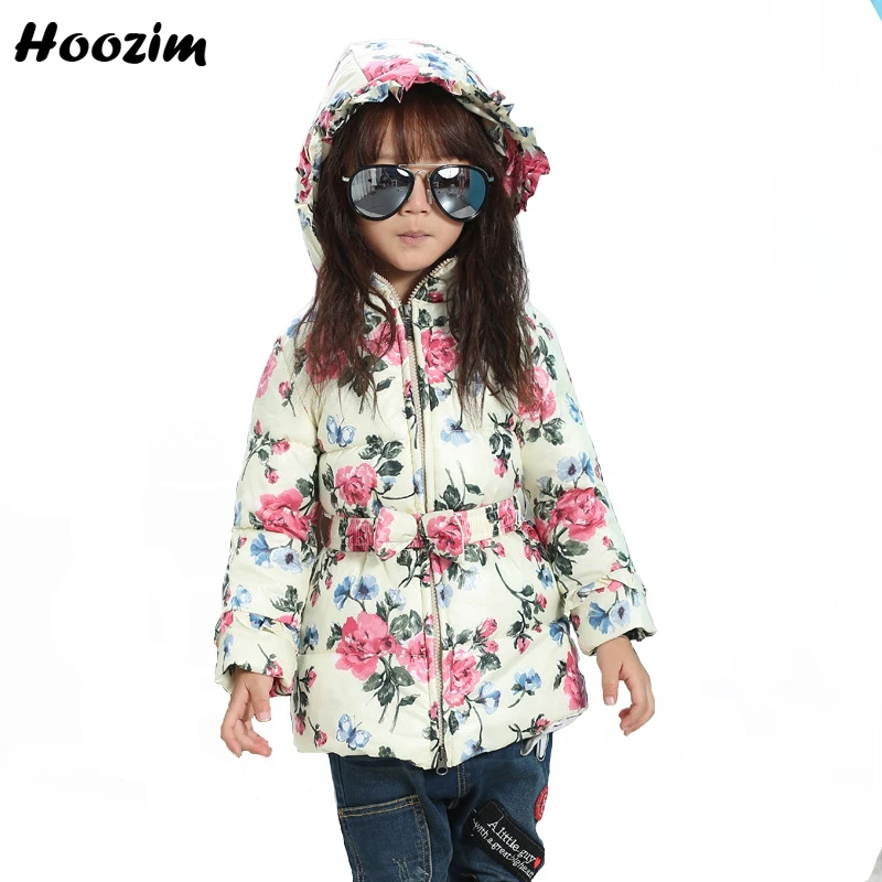 

Winter Jacket For Girls 2 3 4 Years Fashion Hooded Belt Print Flower Coat Children Nice Cotton Parka Cute Autumn Girls Clothing