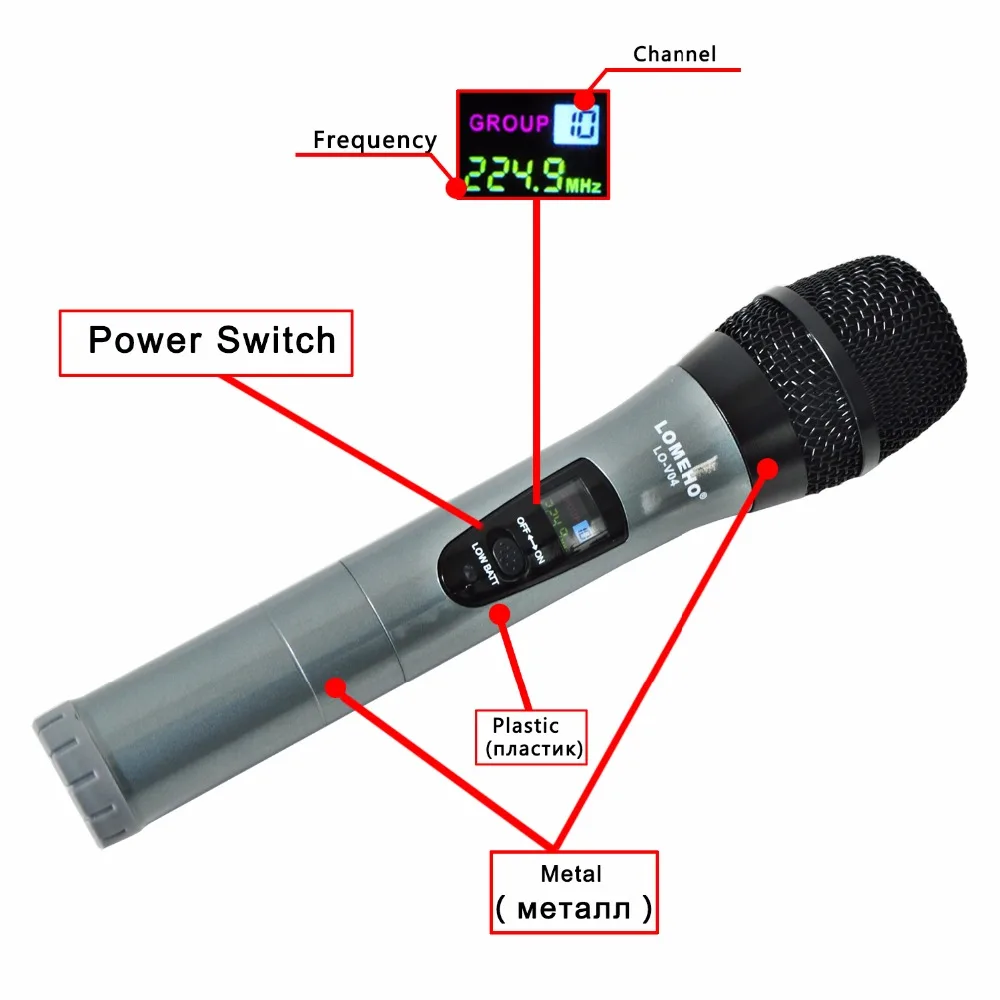 LOMEHO LO-V04, 4 канала, 4 металлические ручные микрофон, караоке, KTV, вечерние, динамический микрофон, церковный микрофон, VHF беспроводной микрофон
