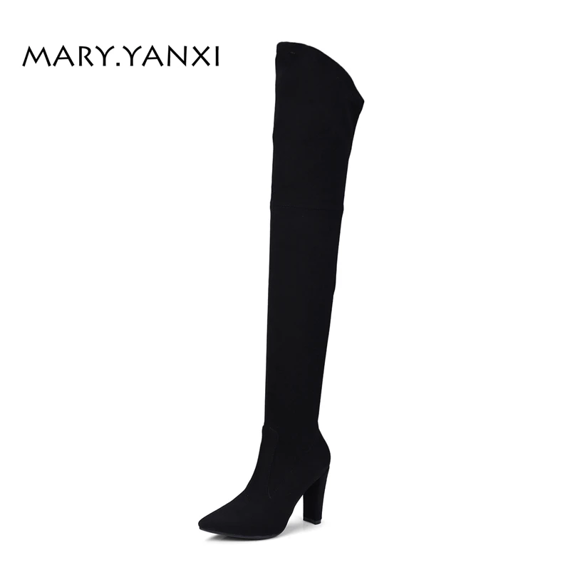 

Winter Women Shoes Long Boots Over-the-Knee Boots Flock Zipper Fahsion Pointed Toe High Square Heels Plus Size Solid Short Plush