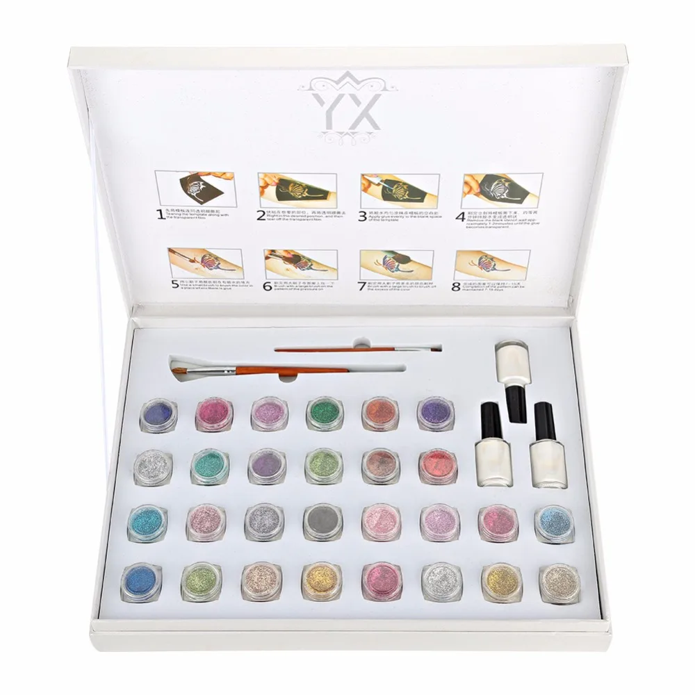 

28 Colors Glitter Body Face Paint Tattoo Powder Temporary 3D Color Waterproof Tattoo Painting Powder with Glue Body Art Kit