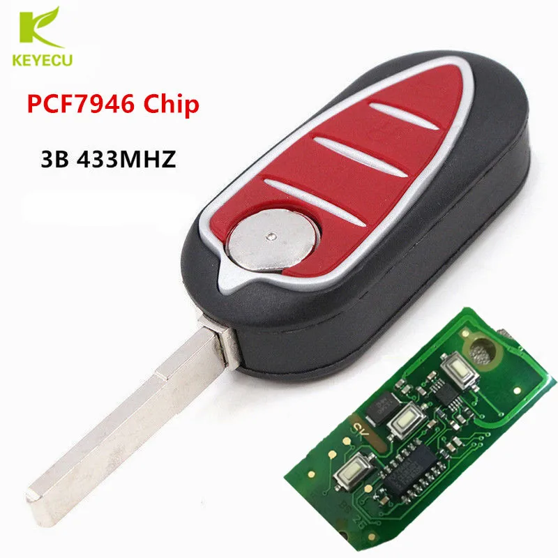 

KEYECU Replacement 3 Buttons Flip Key Remote Fob 433MHz PCF7946 Chip For Alfa Romeo Mito (Delphi BSI) 2008- 2016 P/N 71765841