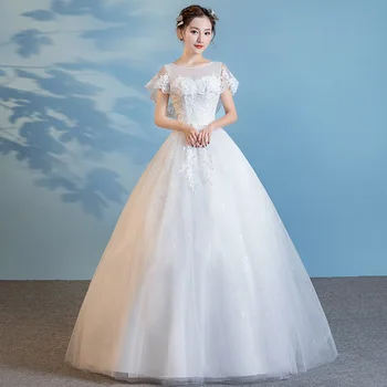 

Hot Sale White Short Sleeve Wedding Gowns Vestidos De Noiva Illusion Lace Appliques Bridal Dresses Elegant Pregnant Ball Gown