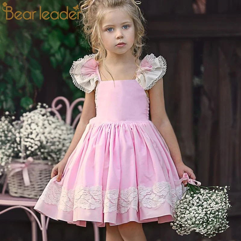 

Bear Leader Girls Dresses Cute Flying Sleeve Christmas Dress Girl Patchwork Lace Girls Ball Gown Dress 1-5T Children's Clothing