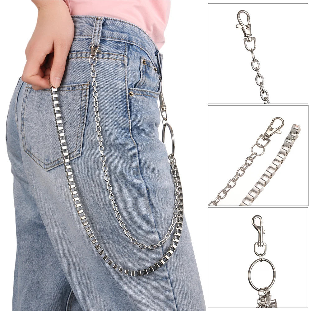 

Rock Punk Trousers Hipster Pant Jean Keychain 64cm Long Metal Wallet Belt Chain Silver Ring Clip Keyring Men's HipHop Jewelry