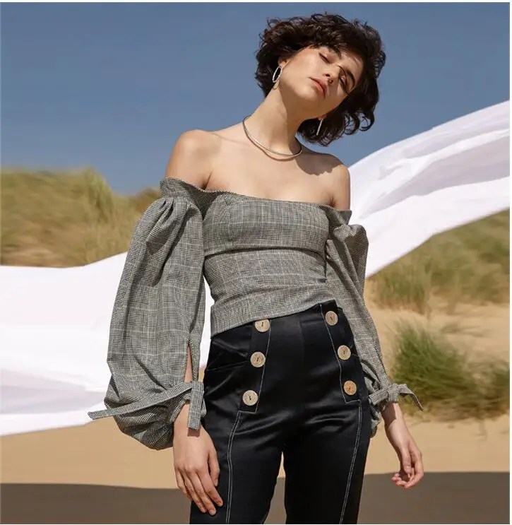 

2018 autumn new slash neck gray plaid blouse short puff sleeve sexy back cross women blouse tops high quality
