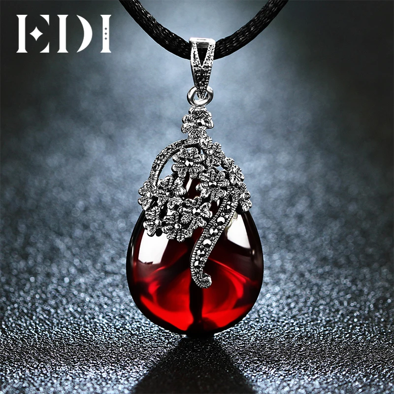 EDI 4.6*2.3cm Flower Shape Gemstone Garnet Pendants 925 Sterling Silver Natural Chalcedony Necklace For Women Jewelry