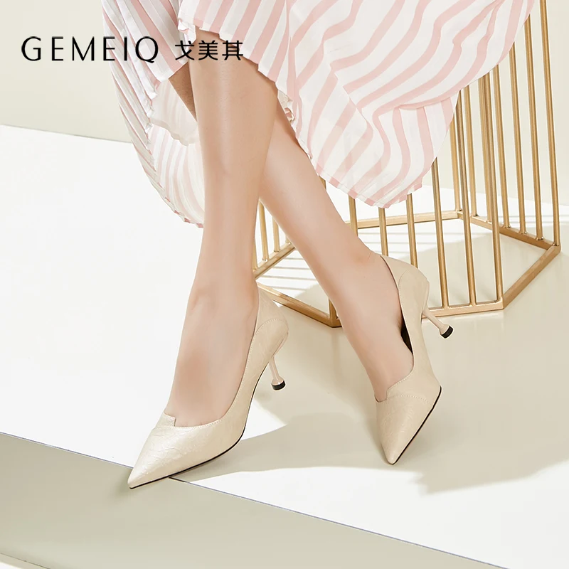 

GEMEIQ 2019 Spring New Shallow Pointed toe Black Professional NudeShoes Women thin-heeled High-heeled Commuter Suit WomencShoes