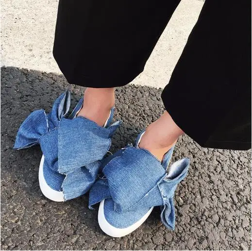  MIKISHYDA Autumn Fashion Solid Color Denim Cloth Big Bow Tie Flat Bottom jean sandals Casual Shoes New Women Travel Gym gladiat