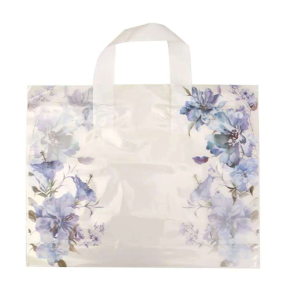 50 шт/партия прозрачный пластиковый подарочный пакет с ручками фиолетовый цветок печать одежда хозяйственные сумки для упаковки большой