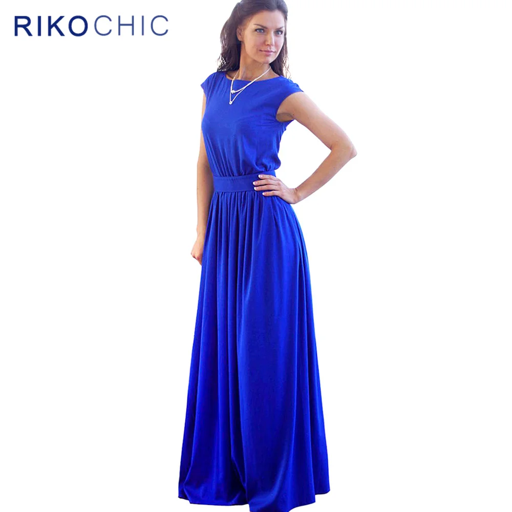 2016 Women Blue Elegant Maxi Dresses Vintage Retro Style Cap Sleeve Tie Waist Long Wedding Party
