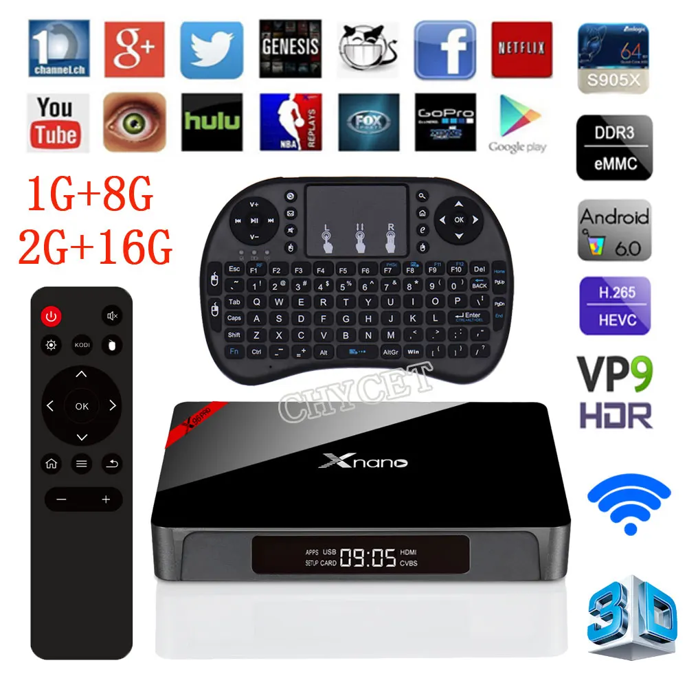 

Xnano X96 Pro Android TV Box Amlogic S905X Quad Core Set Top Box 1G+8G 2G+16G Android 6.0 OS 4K 3D Smart Media player