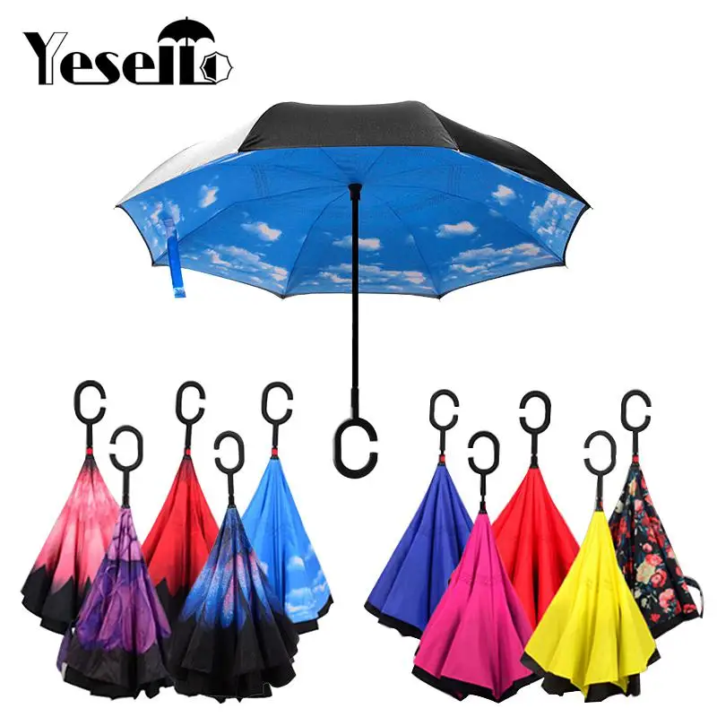 Yesello Folding Reverse Umbrella Double Layer Inverted Windproof  Rain Car Umbrellas For Women Man