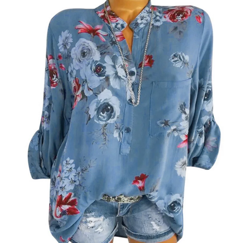 

CALOFE Fashion Chiffon V-neck Women Blouse Long Sleeve Shirts Floral Plus Size Top Casual Sexy Office Blusas Feminina 5XL