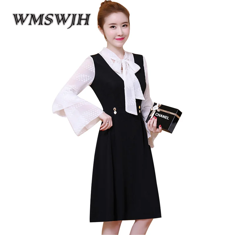 

2019 Spring Office Lady Bow A-line Dress Women Patchwork Fake Two Pieces Long Sleeve Mini Dresses Plus Size 5XL Elegant Vestidos