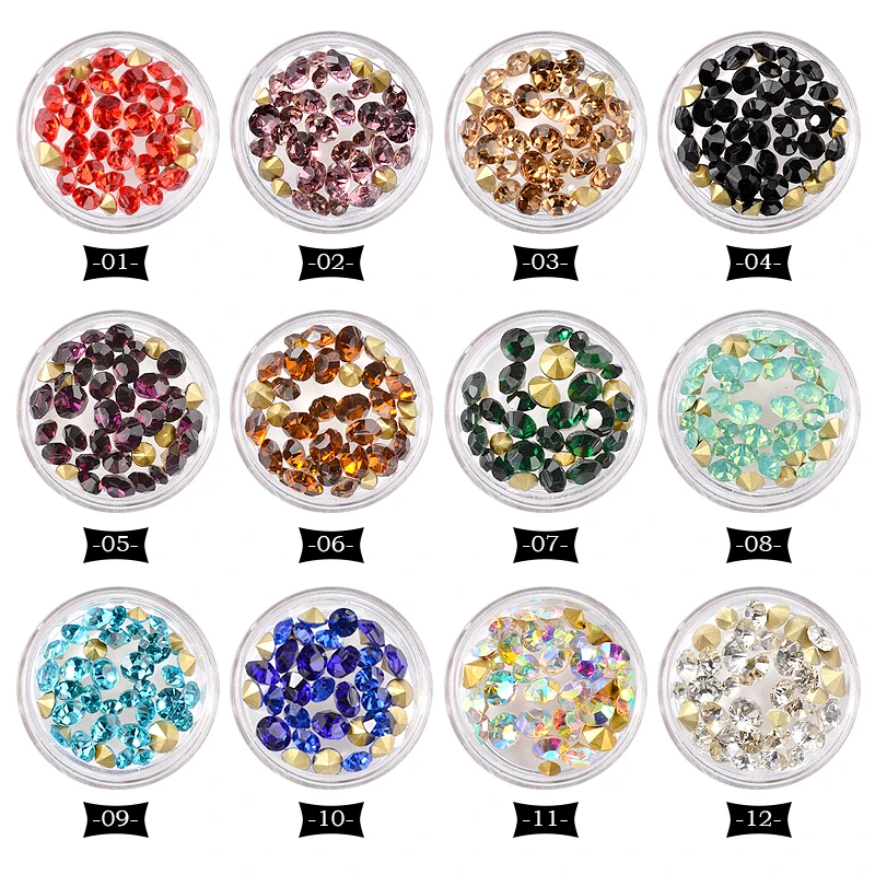 

12 Colors Crystal AB Nail Art Rhinestones Set Mixed Sizes Sharp Bottom Nail Jewelry Decorations 3d Manicure Nail Accessories