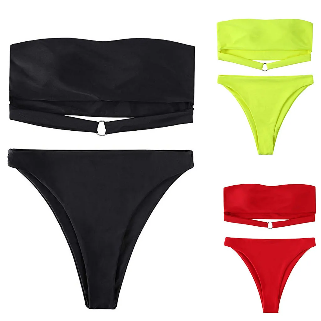 

Solid Bikinis 2019 mujer Women's Swimwear Bandeau Bikini Set With Pad Two Piece Bathing Suits Swimsuit maillot de bain femme New