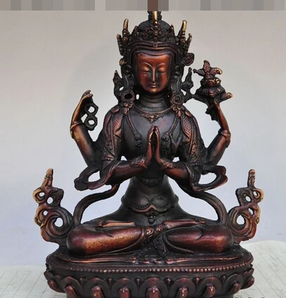

huij 008972 9" chinese buddhism bronze 4 Arms Chenrezig Tara Kwan-Yin goddess buddha statue