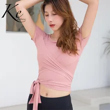 KE летние новые розовые хаки живота крест подол галстук спортивные короткий рукав женская футболка для йоги и фитнеса t Спортивная футболка женская Фитнес рубашка
