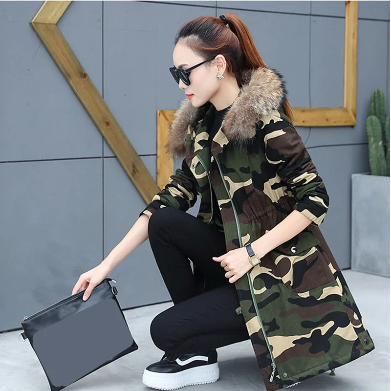 Army Green Осень-Зима Женская куртка новая Корейская камуфляжная хлопковая куртка стеганая теплая парка верхняя одежда средней длины с меховым воротником Женская куртка - Цвет: Army Green