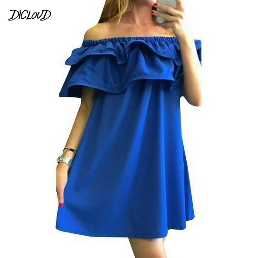 

Ruffles Casual Summer Dress Women Loose Strapless Shoulder Slash Neck Mini Short Dress Ladies Beach Straight Dresses Female