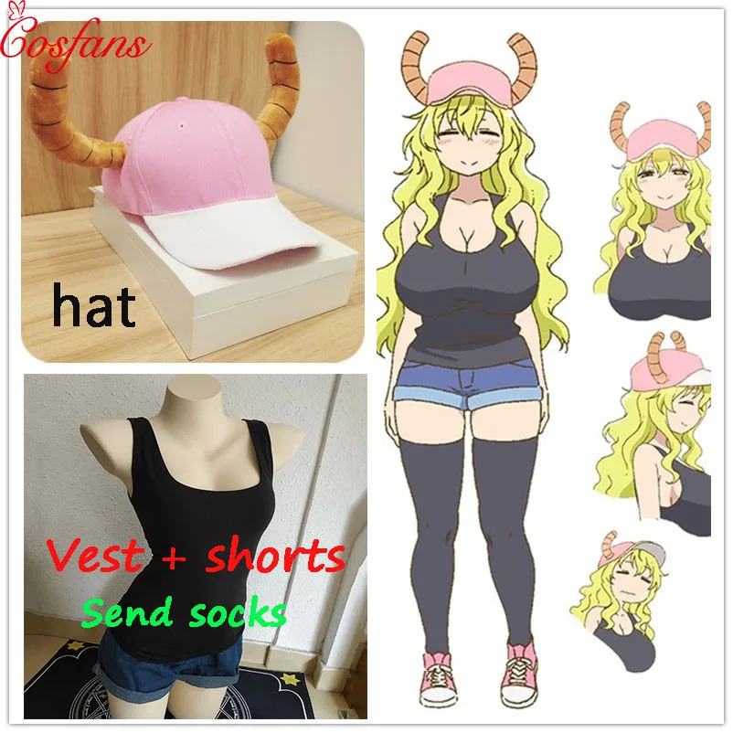 

2019 New Hot Anime Cosplay Wig Miss Kobayashi's Dragon Maid Cosplay costume Quetzalcoatl Lucoa hat For Women Vest pants and sock