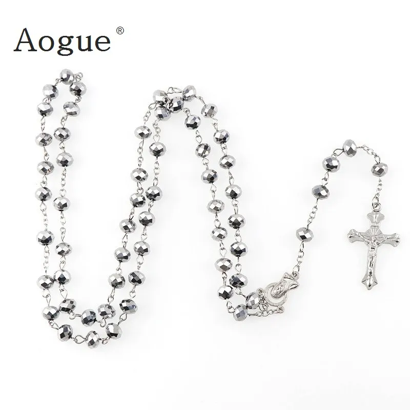 

Catholic Fancy 8*6mm un Black Crystal Rosary Necklace Silver Plated Jesus Cross Pendant Faceted Glass Rosaries Jewelry