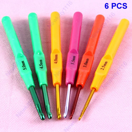 

6pcs Multicolor Plastic Handle Aluminum Crochet Hooks Knit Needles Weave Craft