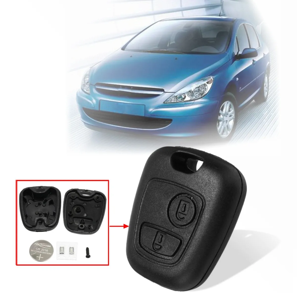 

2 Buttons Car Remote Key Fob Case Shell with Battery Replacement Kit For Peugeot 106 107 206 207 306 307 405 406 407