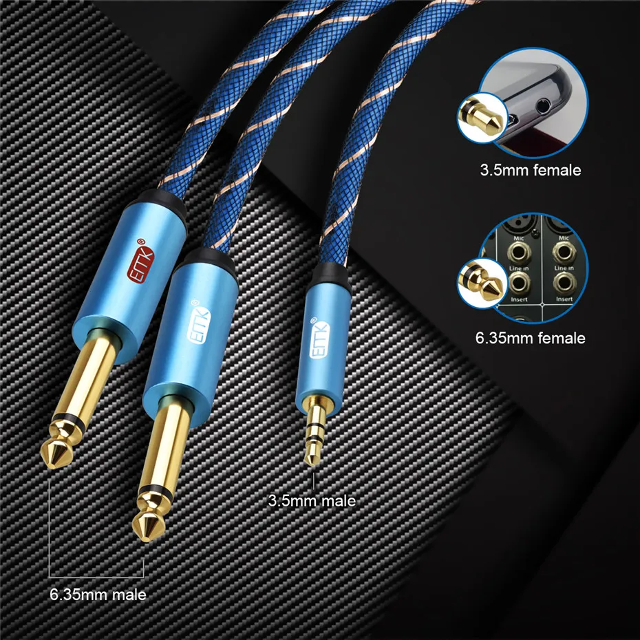 EMK Jack 6.3 to 3.5 Audio Cable Stereo 3.5mm to 2 6.3mm 6.35 6.5 mm AUX 6.3 Splitter Mono Cable 1M 2M 3M 5M (4)
