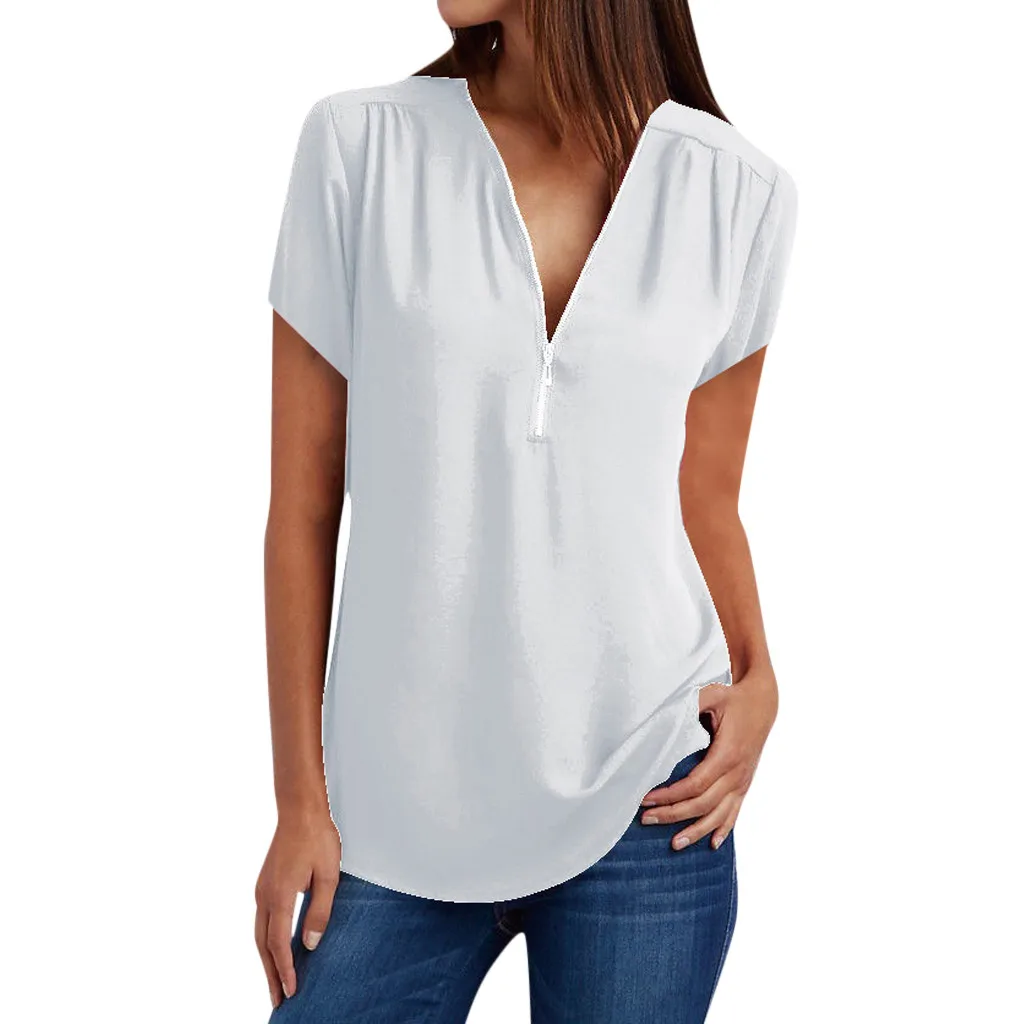 

MUQGEW sheer top white blouse women Summer Casual Tops Shirt Ladies V Neck Zipper Loose Female Clothes Blouse Streewear Tee Top