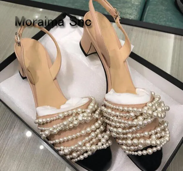 Moraima Snc ladies shoes beige black Low price sexy high heels sandals women pearl string bead bridal shoes sandalia feminina