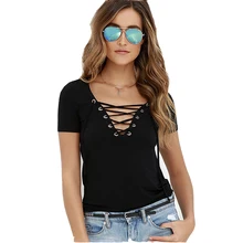 2016 Summer European Fashion Lace Up T Shirt Women Sexy V Neck Hollow Out Top Casual Basic Female T-shirt Plus Size 5XL