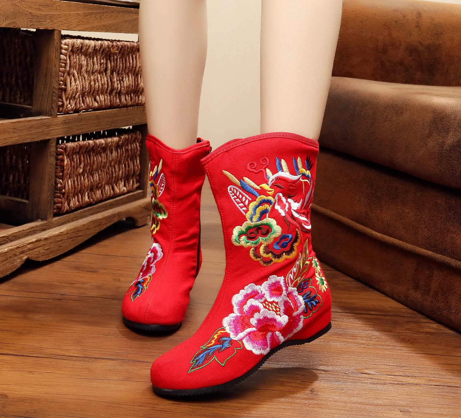 

Pink Clouds Boots Side Zipper Cloth Shoes Ethnic Style Embroidery Soft Bottom Single Boots Shoes SMYXHX-B0035