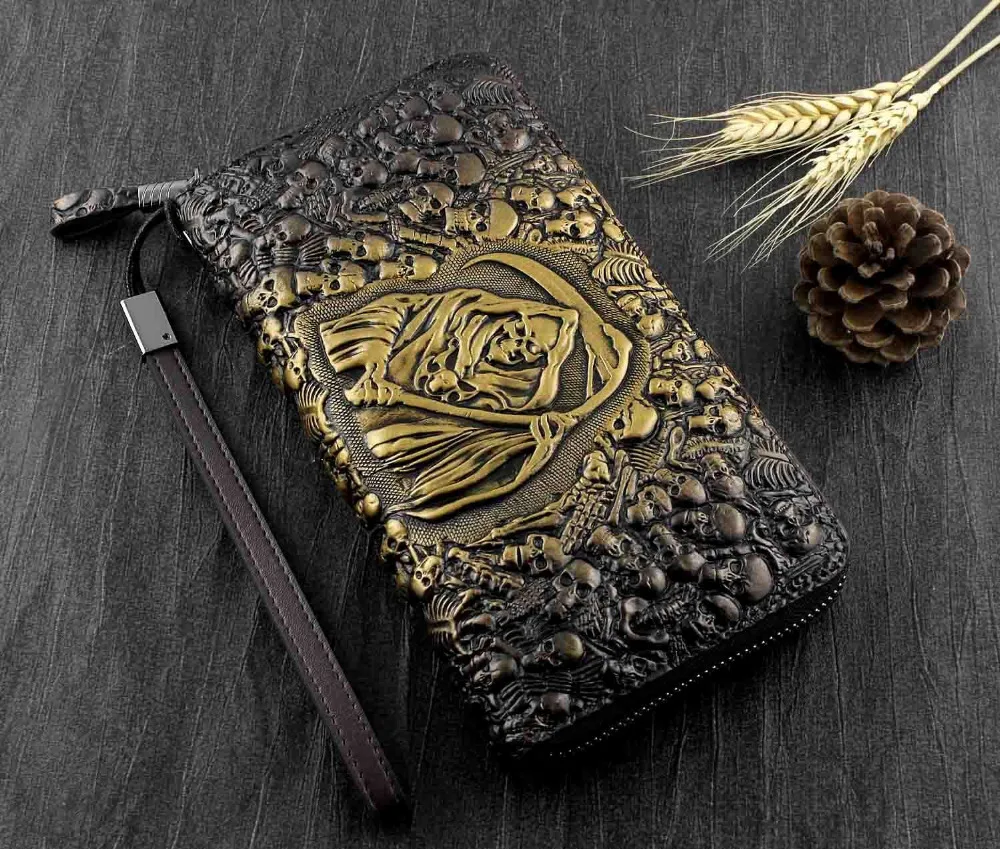 

Mens Skull Grim Reaper Death Biker Punk Gold Leather Wallet Purse Handbag N12