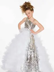 Smileven на одно плечо, с принтом цветка платье для девочек 2019/белого/серебряного цвета, кружевное вечернее платье с аппликацией для маленьких