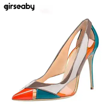 

Girseaby Shoes woman Pumps Ladies high heels shoes summer Hollow Patent leather Glitter Pointed toe Stiletto Patchwork A1787e