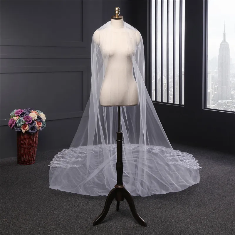 4 Meter Ivory/White Bridal Veils Lace Edge Tulle Bling Seuqins Cathedral Wedding Veil 2017 Long Veu de Noiva Wedding Accessories