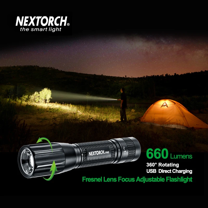 Nextorch Flashlight 660 Lumen Rohs 18650 Battery Adjustable Led Bulb Fresnel Lens Focus Usb Rechargeable # Pa5 - Flashlights & Torches - AliExpress