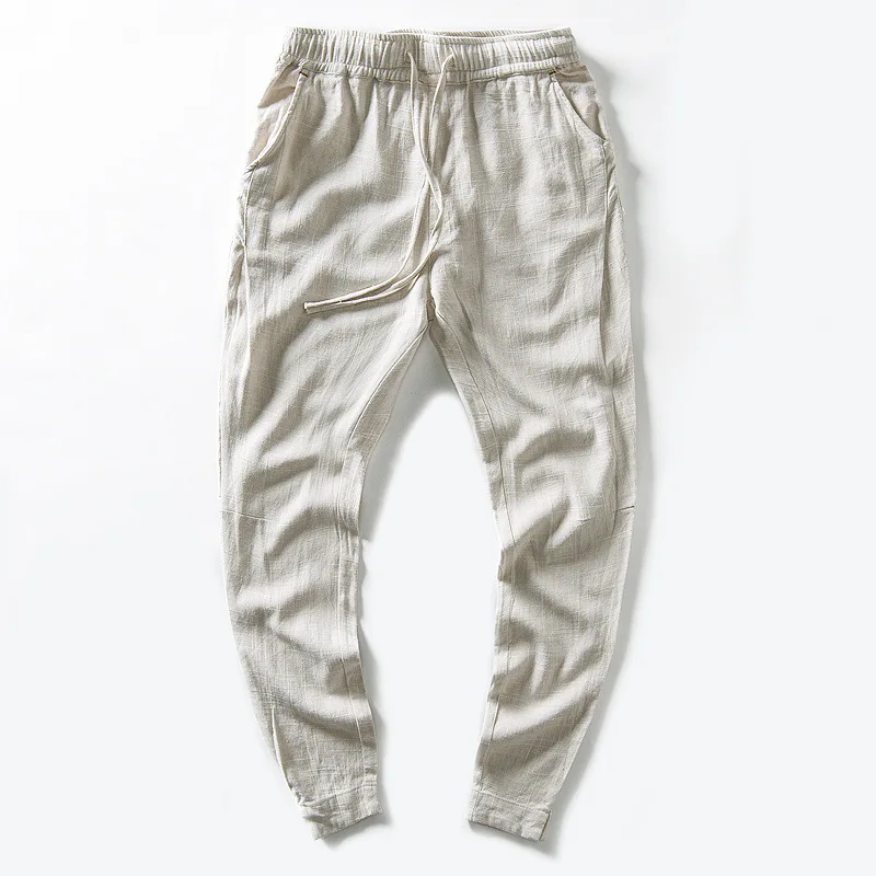 Бежевый Pantalon Homme повседневное мужские льняные длинные мотобрюки Slim Fit Drawstring брюки для девочек Японии Стиль Уличная удобные конопли льняные трусы XXXL - Цвет: Бежевый