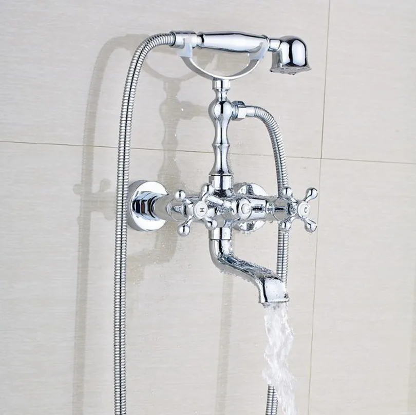 

Telephone Style Chrome Dual Handle Bathroom Bathtub Faucet Set Wall Mounted Bath Tub Mixers with Handheld Shower Btf901