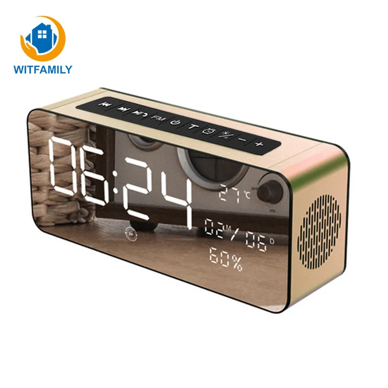 

LED Bluetooth Speaker Subwoofer Alarm Clock Temperature Calendar Display Home Desktop Digital Silent Snooze Clock Radio USB Play