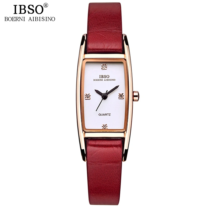 IBSO женские прямоугольные часы брендовые кварцевые часы с ремешком из натуральной кожи женские часы-браслет с кристаллами и бриллиантами Montre Femme - Цвет: Gold red
