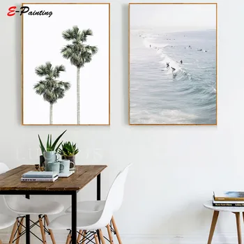 

Modern Wall Painting California Beach & Palm Trees PRINT Beach House Decor Pastel Ocean Surfers Art Canvas Print Home Picture