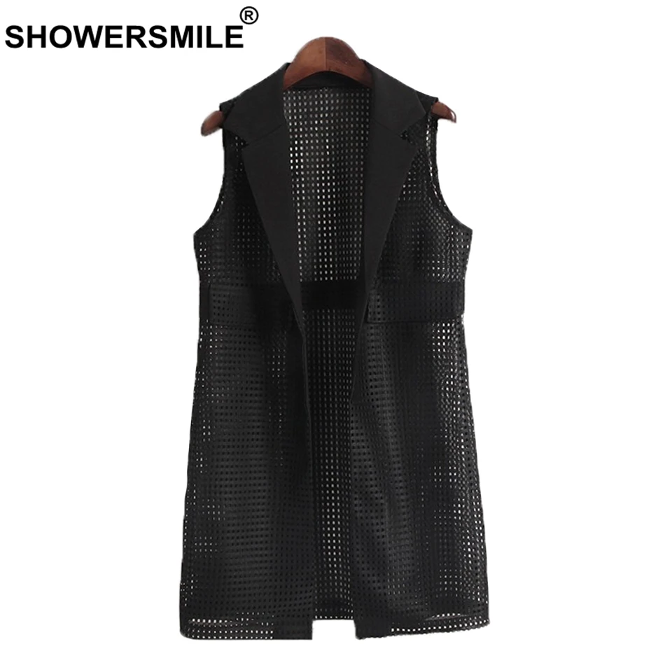 SHOWERSMILE White Vest Women Long Elegant Waistcoat Ladies OL Korean Style Hollow Out Female Spring Summer Sleeveless Jackets