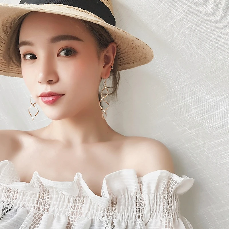 E0247 Fashion Double Loop Drop Earrings For Women Long Wave Dangle Earrings High Quality Statement Wedding Jewelry Wholesale - Image 4