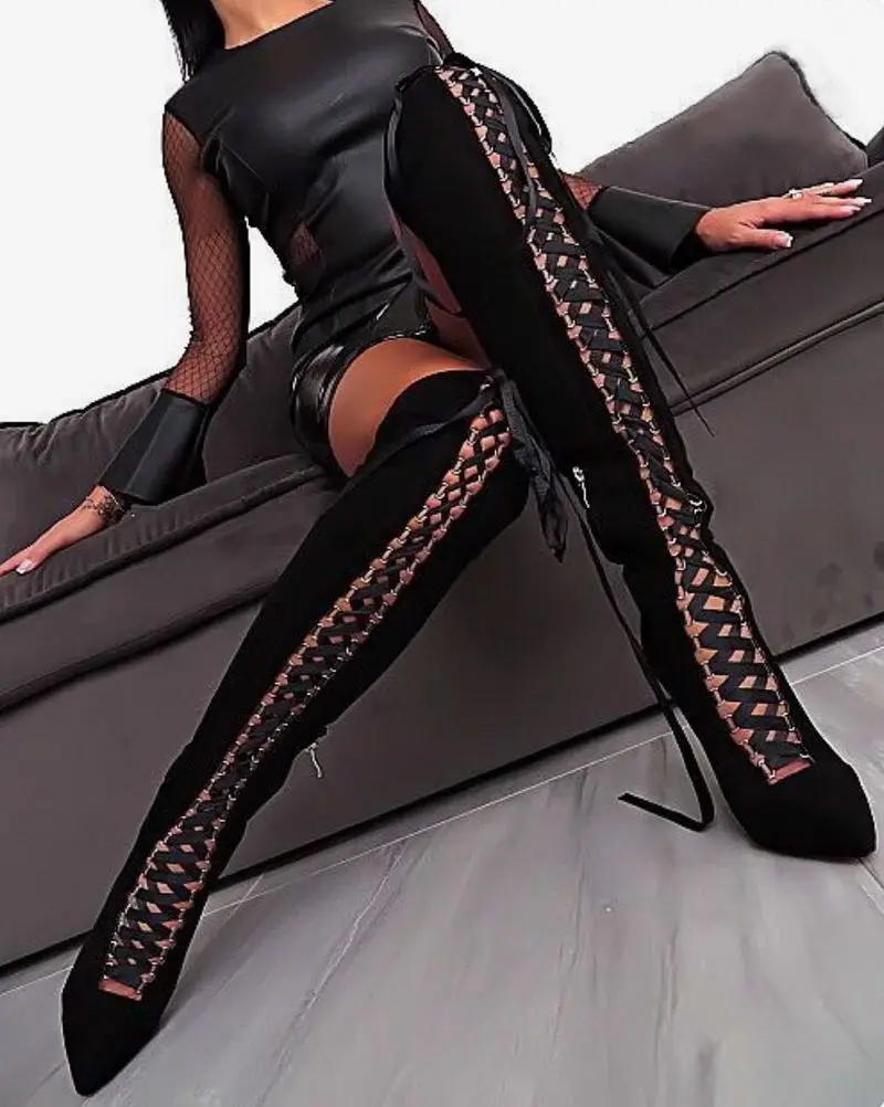 

Sexy women's boots over the knee long boots pointed toe lace up zipper thin high heels shoes Nightclub thigh high boots shoes 40