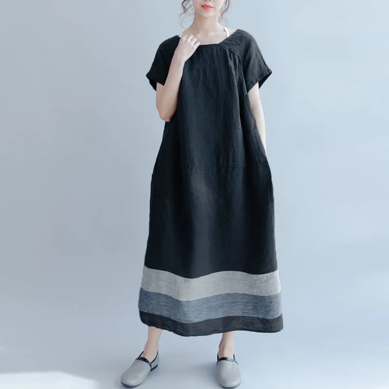 Women Patchwork Round Neck Loose Long Shirt Female Short Sleeve Cotton Dress Brief Vestido Pullover Oversize Baggy Party Kaftan Dresses
