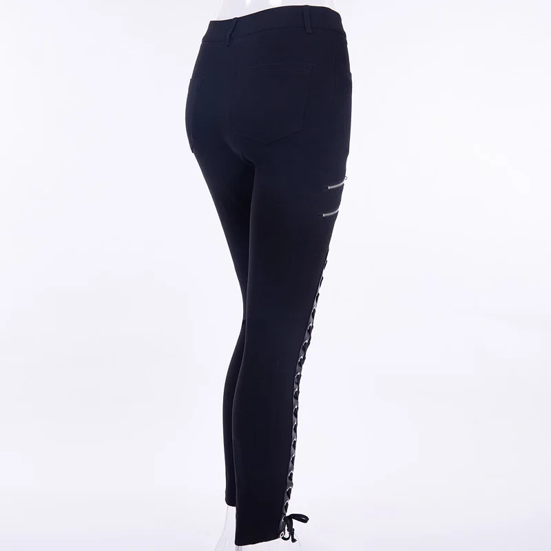 InsGoth женские узкие брюки Harajuku на молнии, со шнуровкой, открытые сексуальные штаны уличная черная высокая талия, тонкие готические леггинсы