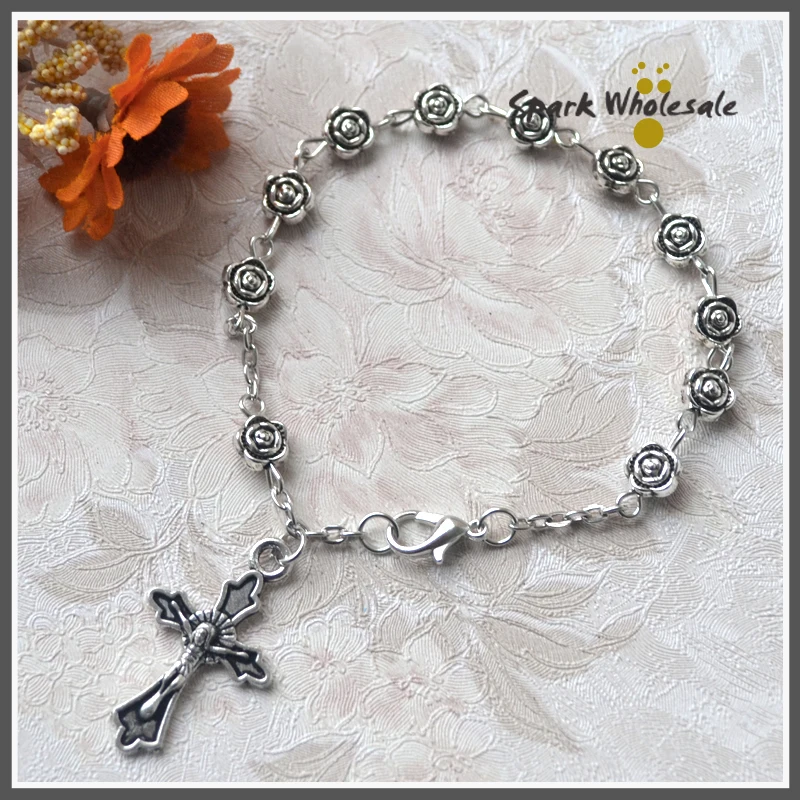 30pcs/lot Catholic Women's Antique Silver Metal Flower Beads Rosary